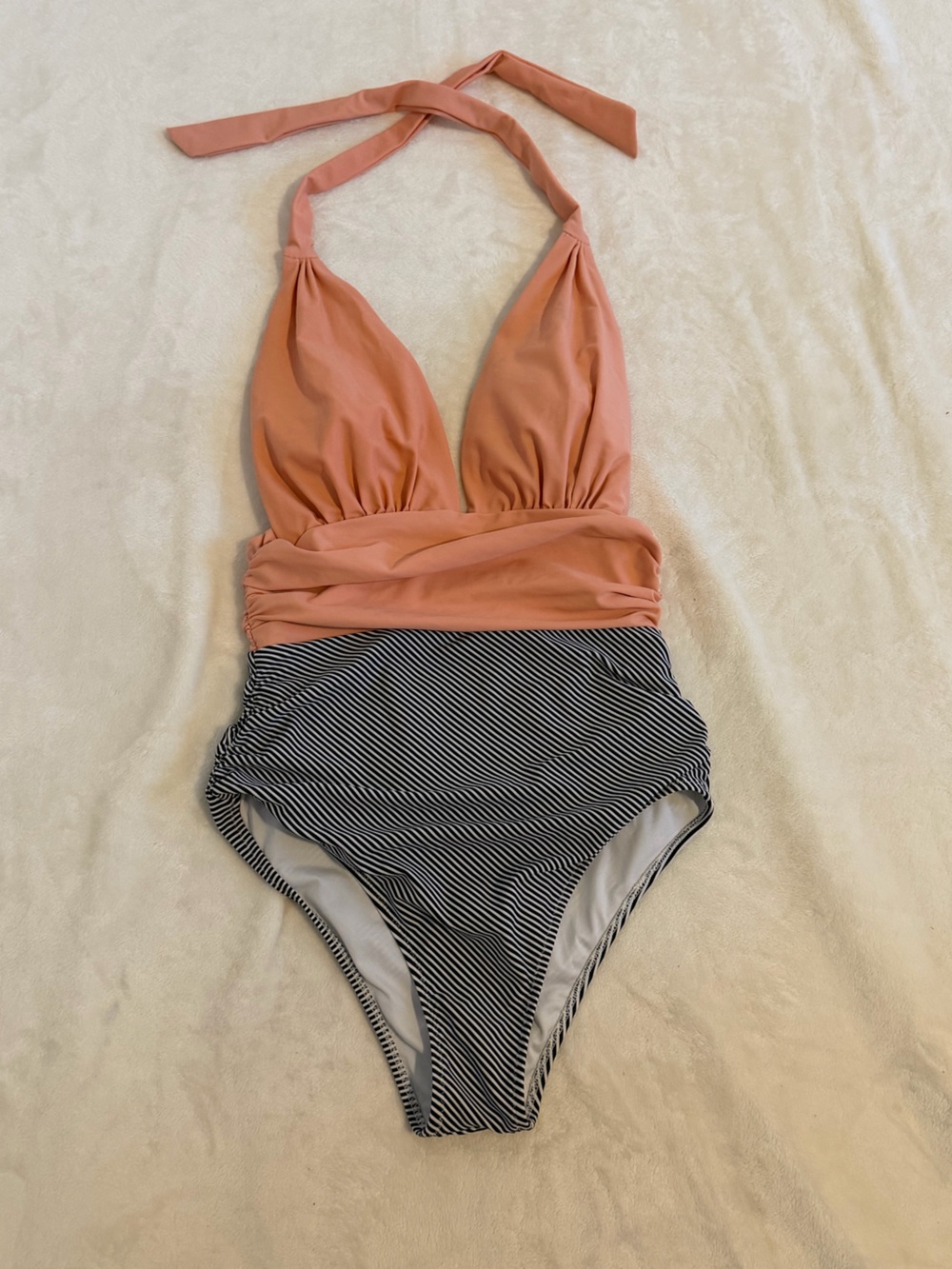 Cupshe Size Small Peach Halter One-Piece Swimsuit w/ Navy & White Striped Bottom